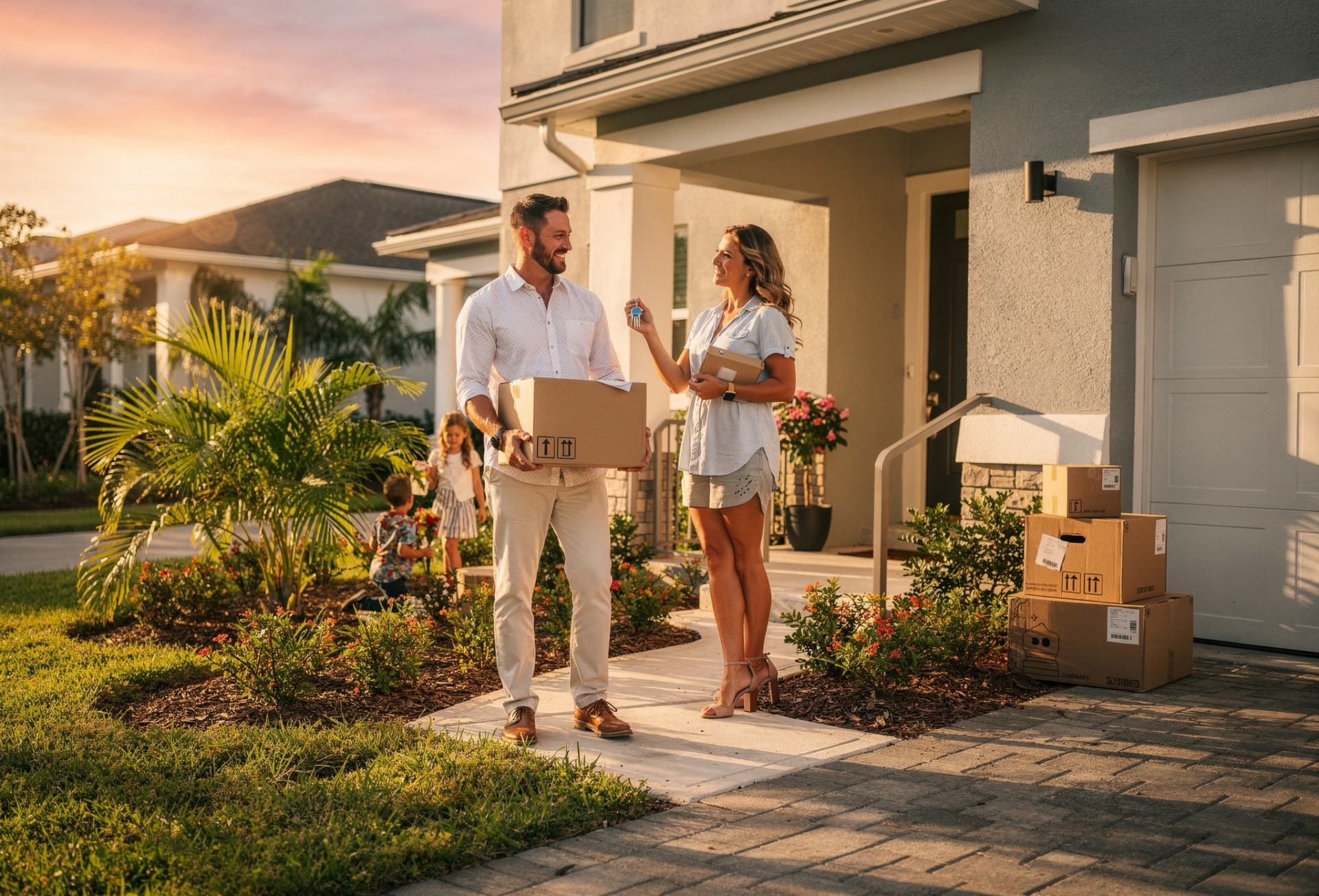 Família feliz em frente a uma casa nos Estados Unidos, representando a forte demanda por long-term rental na Flórida